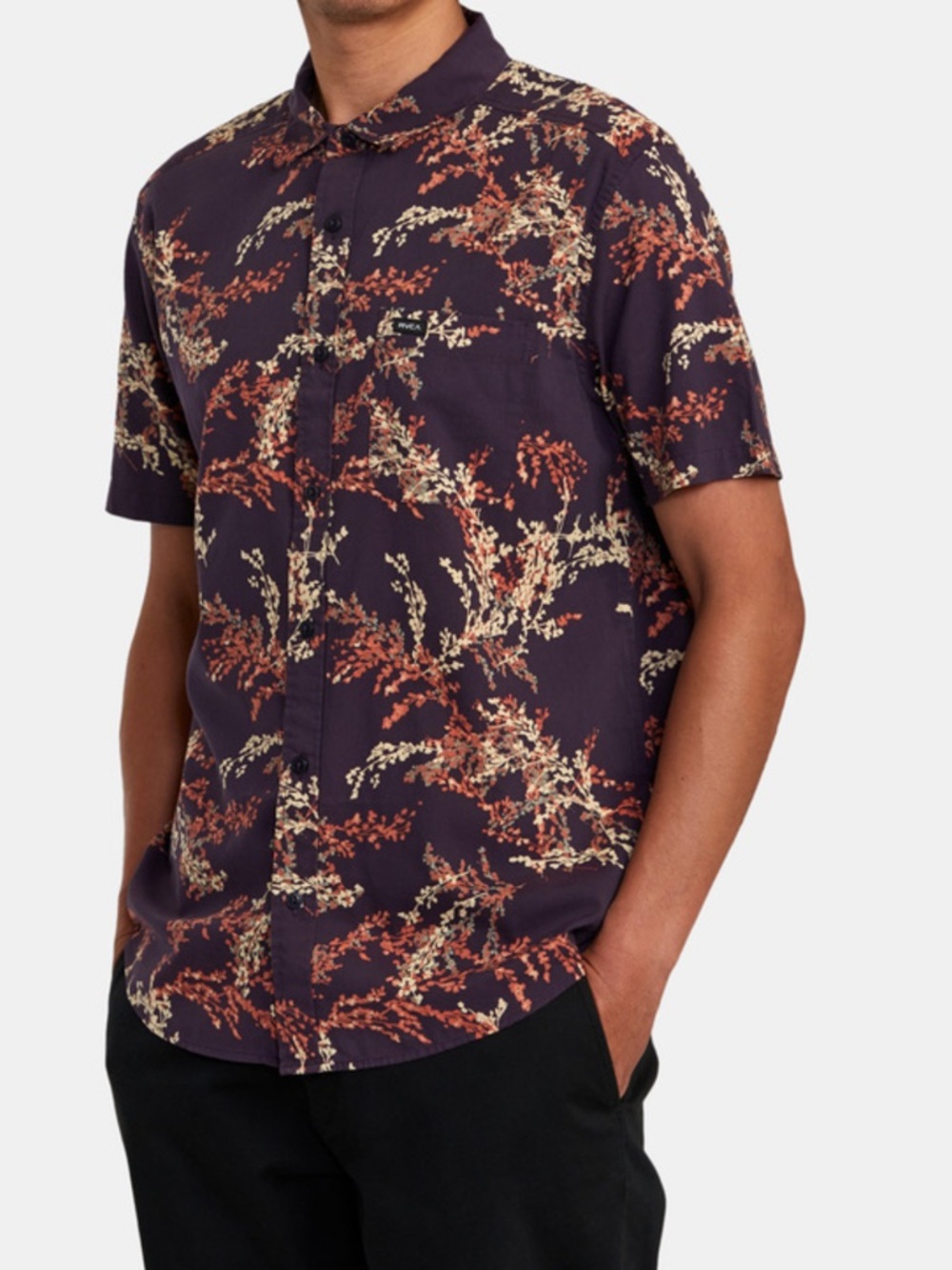 RVCA Short-Sleeve Floral Button-Down Shirt - Purple with Rust & Cream. Size XL